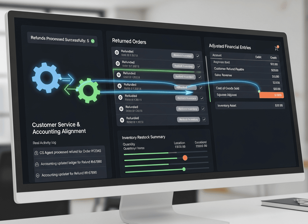 Refund processing interface showing returned orders, inventory restock, and adjusted financial entries, customer service and accounting alignment visual